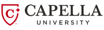 Logo of Capella University featuring a red shield with a stylized white "c" in the center, representing inclusive education, accompanied by the text "Capella University" in green.