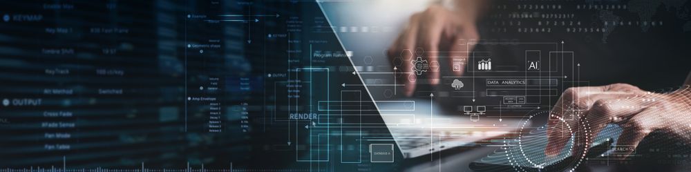 Hands typing on a laptop keyboard with digital overlay of data analytics icons, graphs, and futuristic elements, representing technology and data processing.