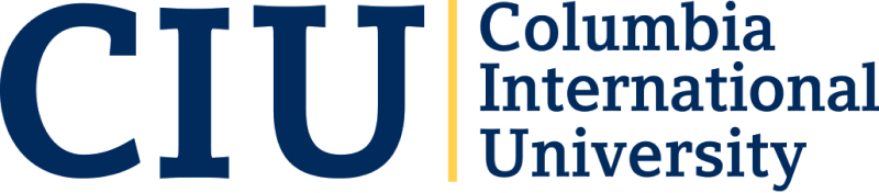 Logo of Columbia International University, featuring large dark blue letters "CIU" with a thin yellow vertical line, alongside the university's full name and a nod to its esteemed PhD programs in Theology in smaller text to the right.